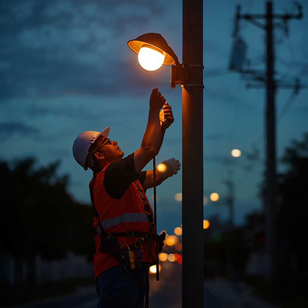 Operário trocando lâmpada de poste de iluminação pública