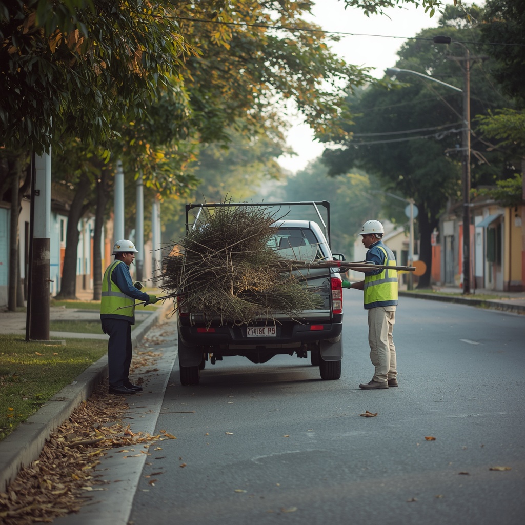 Equipe da limpeza pública recolhendo galhos de poda